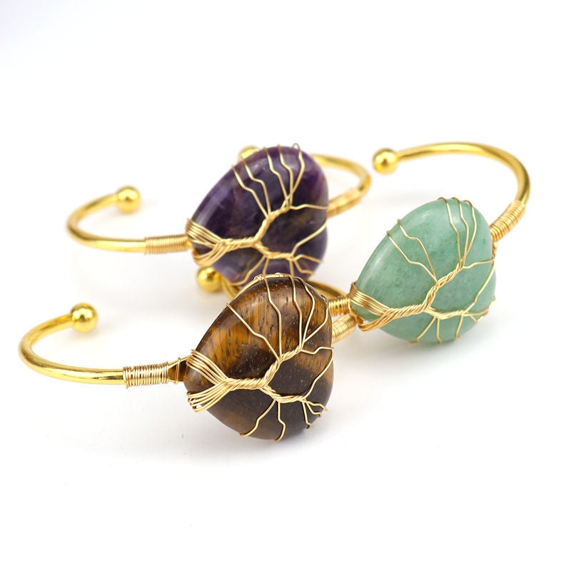 Fashion U Shape Crystal Plating Bangle with Gold Wire Wrapped Amethyst Tree of Life Design Bracelet