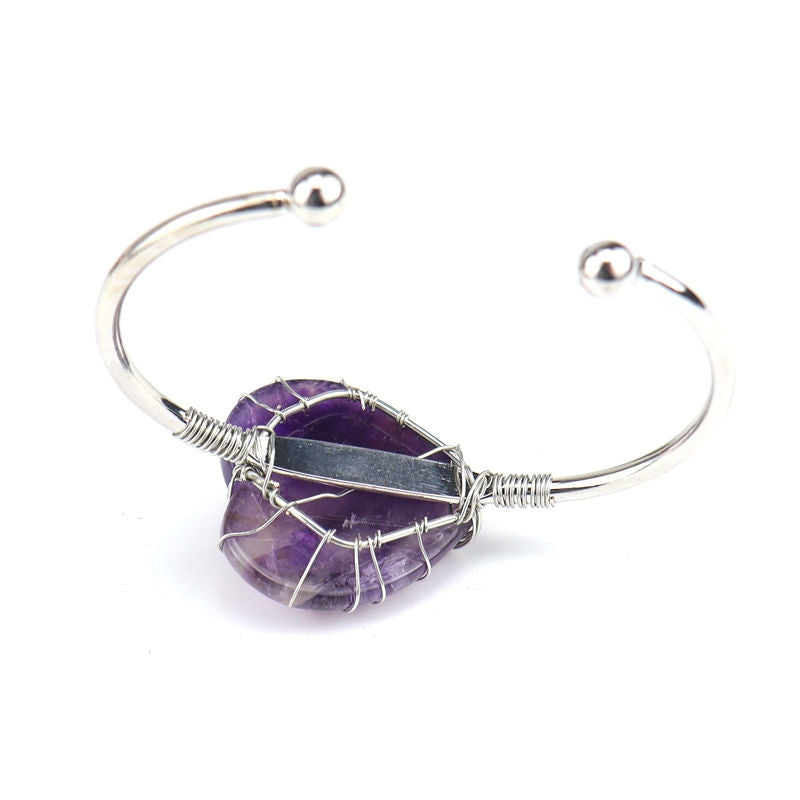 Fashion U-Shape Heart Crystal Metal Bangle with Amethyst Stone Bracelet