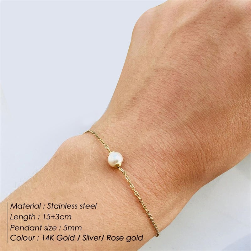 Fashion U Shape 14K Gold Plated Stainless Steel Double Layer Chain Bracelet with Pearl Accents