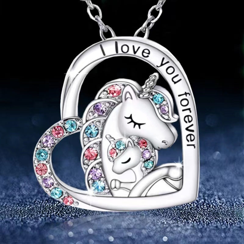 Unicorn Heart Rhinestone Pendant Necklace