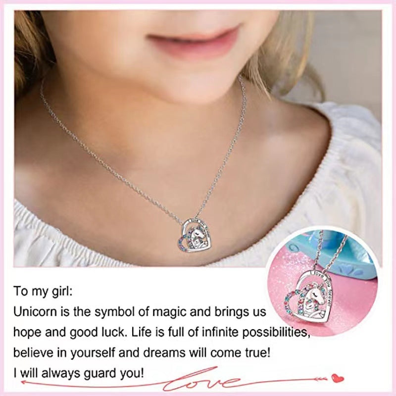 Unicorn Heart Rhinestone Pendant Necklace