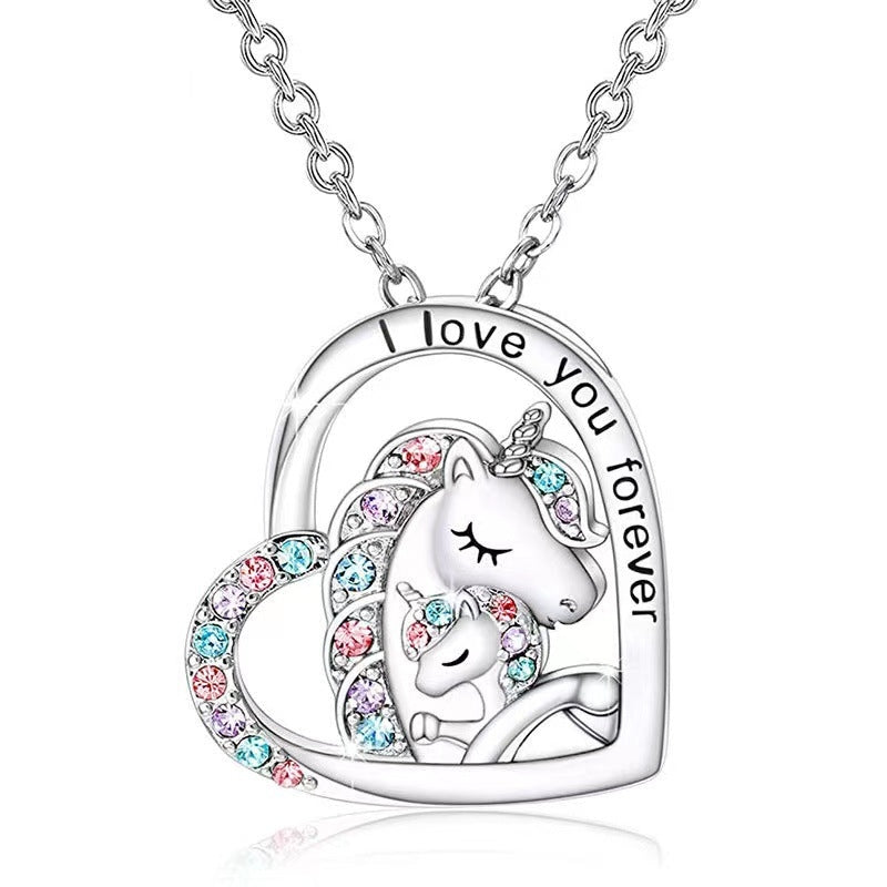 Unicorn Heart Rhinestone Pendant Necklace