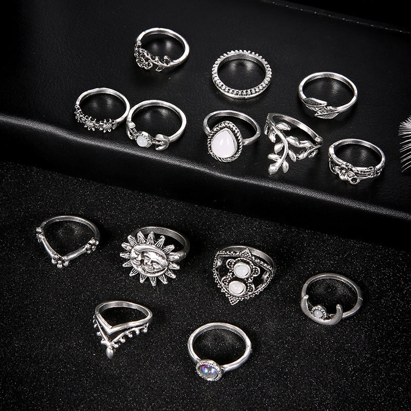 Fashion Sunflower Moon Water Drop 14-Piece Ring Set