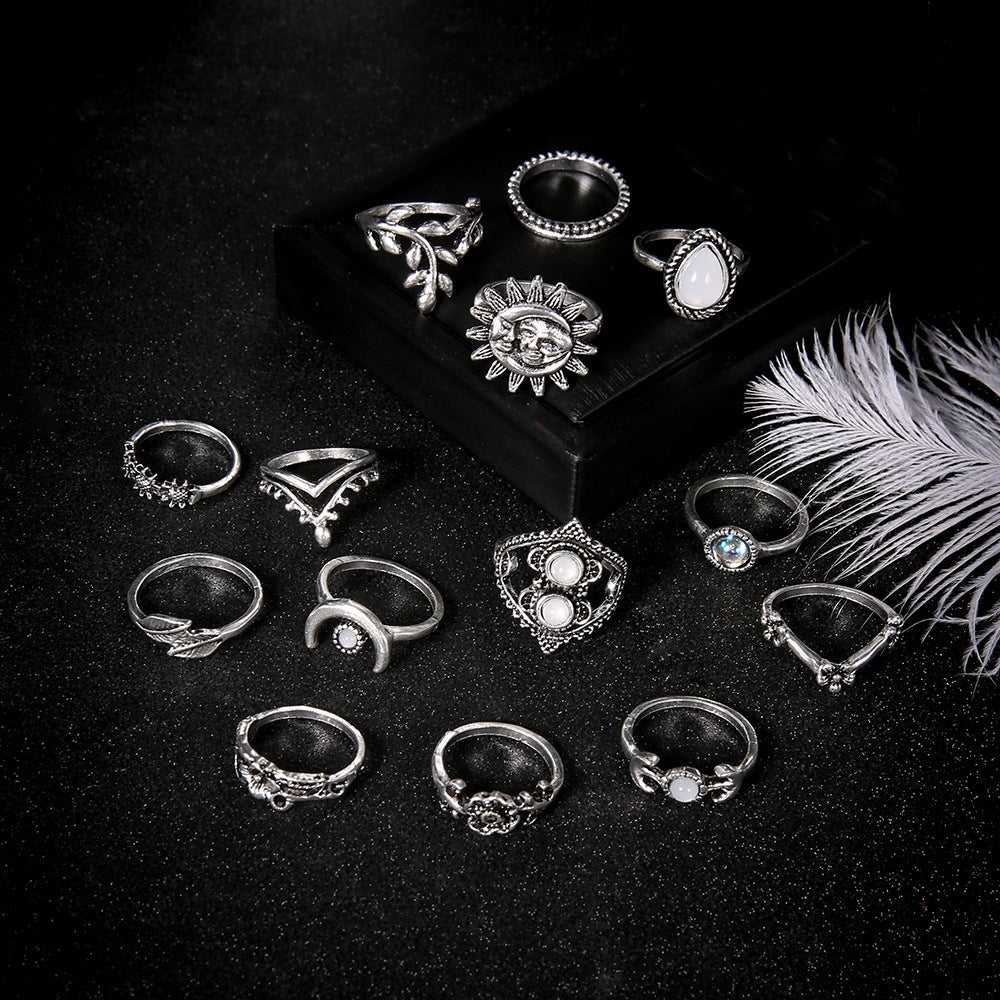 Fashion Sunflower Moon Water Drop 14-Piece Ring Set