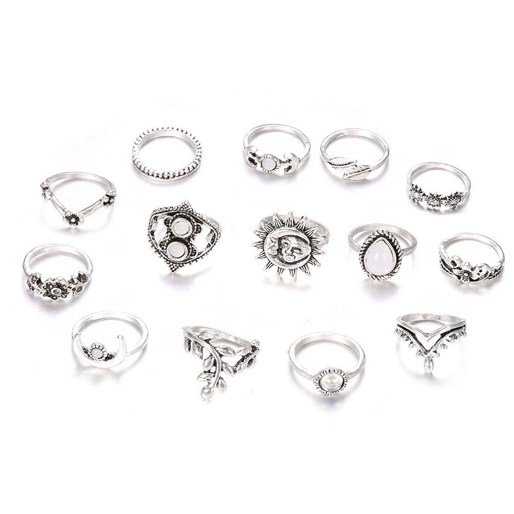 Fashion Sunflower Moon Water Drop 14-Piece Ring Set