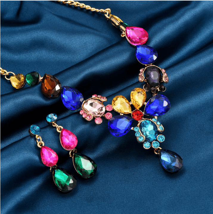 Elegant Multicolor Rhinestone Water Drop Necklace and Earrings Set for Women