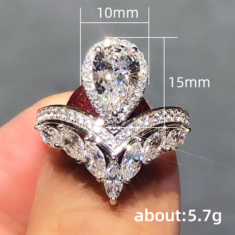 Pear-Shaped Zirconia Water Droplet Copper Ring with Platinum Plating