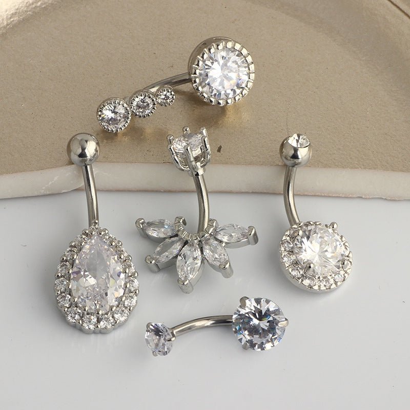 Fashion Water Droplets Stainless Steel Inlay Zircon Belly Ring 5 Pieces