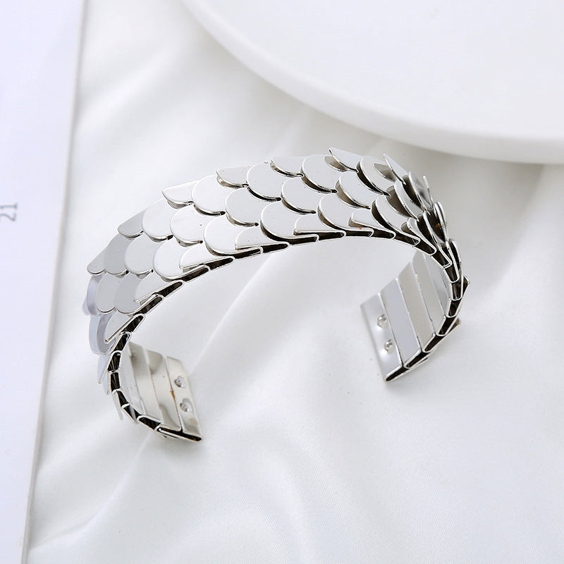 Fashion Waves Metal Plated Fish Scale Open Cuff Bangle for Women