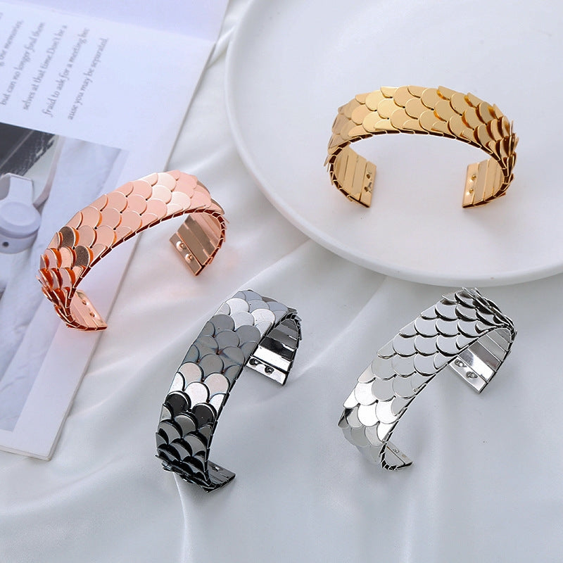 Fashion Waves Metal Plated Fish Scale Open Cuff Bangle for Women