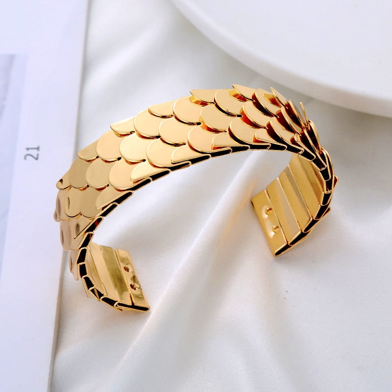 Fashion Waves Metal Plated Fish Scale Open Cuff Bangle for Women