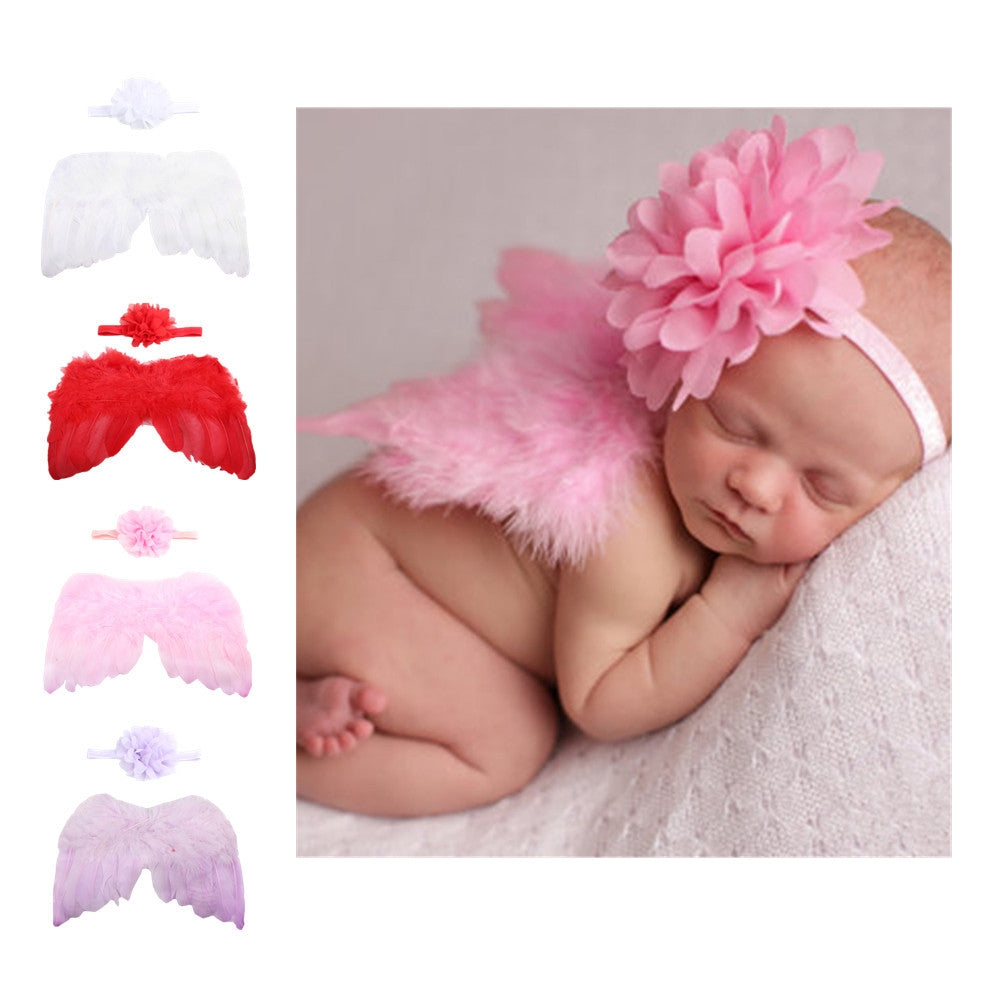 Angel Wings Floral Elastic Baby Headband Set for Photoshoots