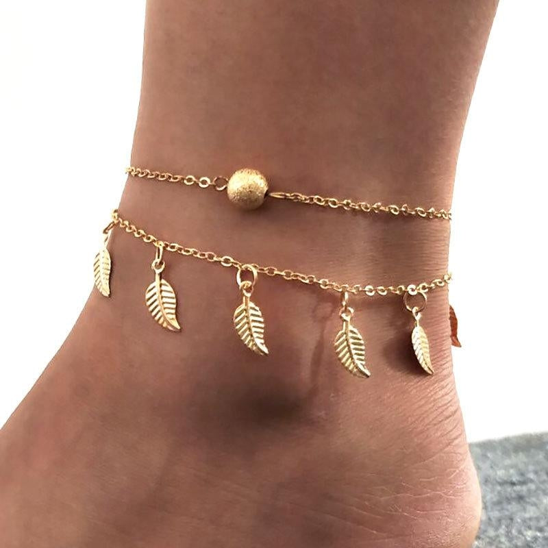 Foliage Double Tassel Leaf Anklet for Women - Bohemian Style Fashion Jewelry