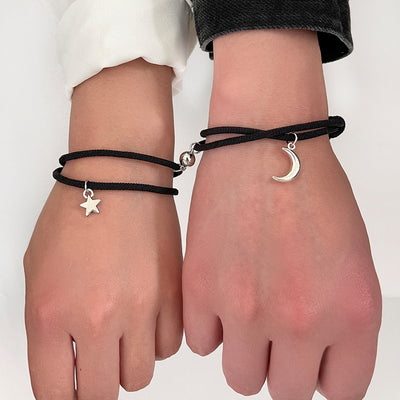 Simple Star and Moon Magnetic Couple Bracelets - Handmade Adjustable Rope Pair