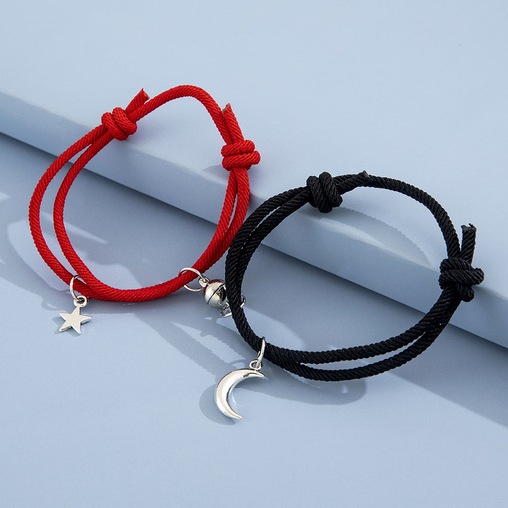 Simple Star and Moon Magnetic Couple Bracelets - Handmade Adjustable Rope Pair