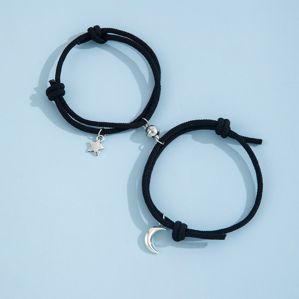 Simple Star and Moon Magnetic Couple Bracelets - Handmade Adjustable Rope Pair