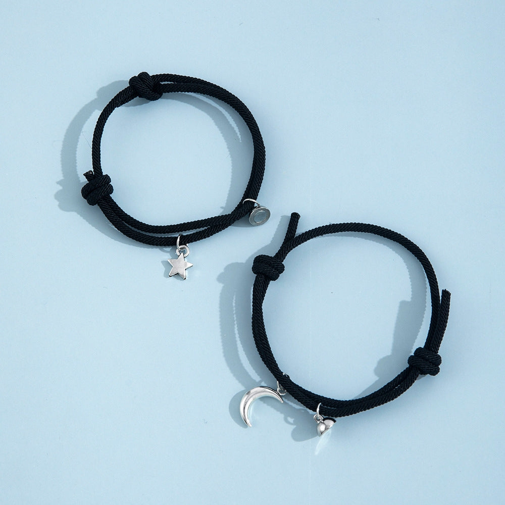 Simple Star and Moon Magnetic Couple Bracelets - Handmade Adjustable Rope Pair