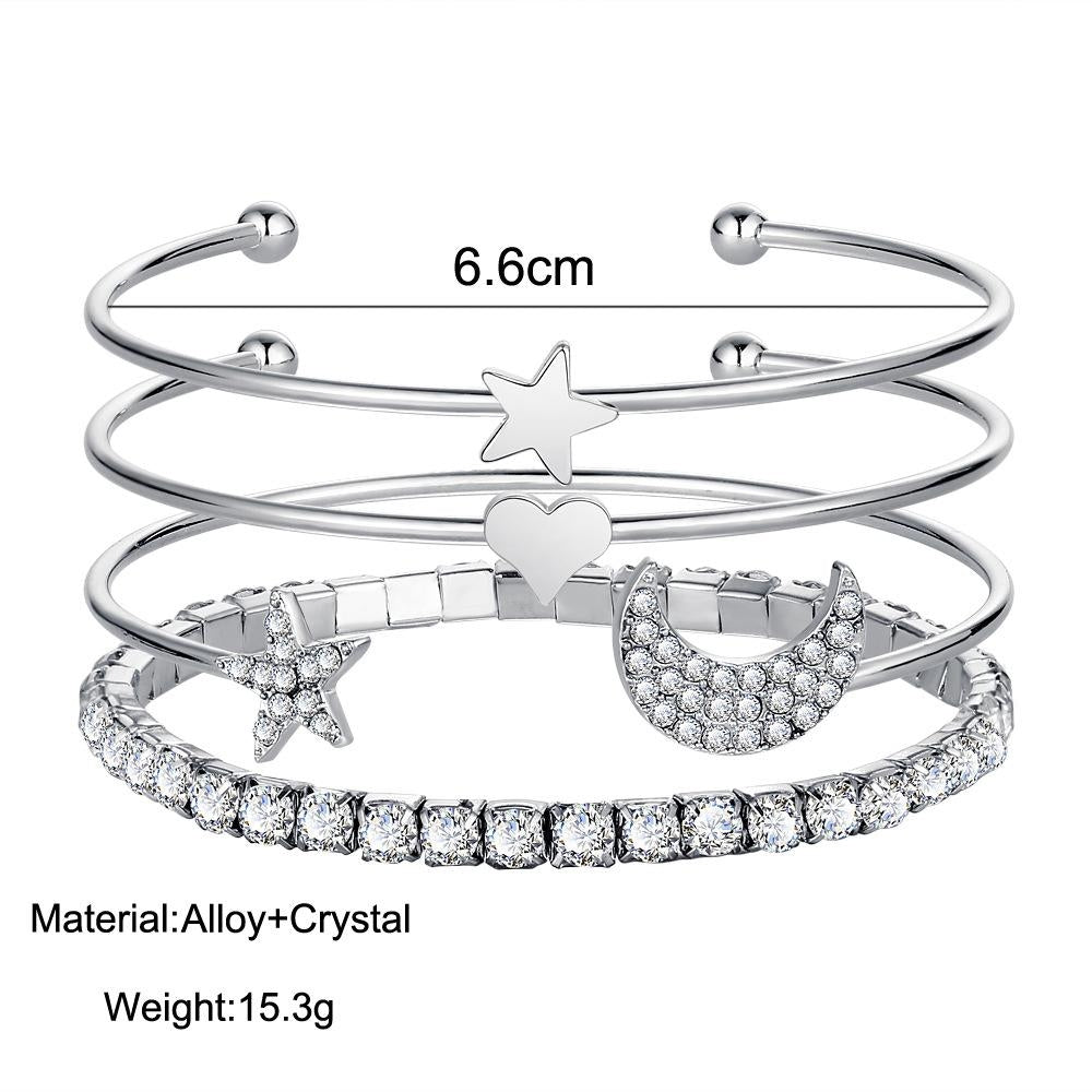 Four-Piece Diamond Star and Moon Crystal Bracelet Set