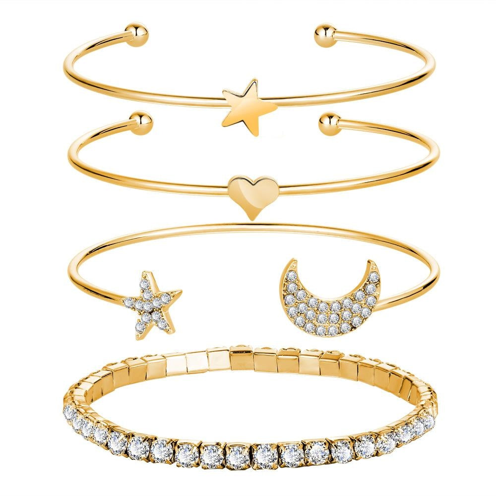 Four-Piece Diamond Star and Moon Crystal Bracelet Set