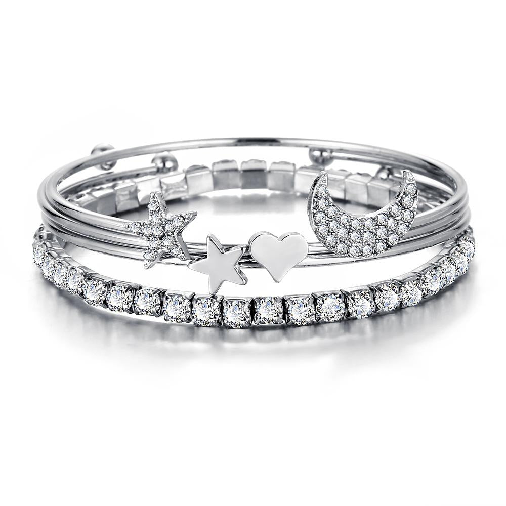 Four-Piece Diamond Star and Moon Crystal Bracelet Set