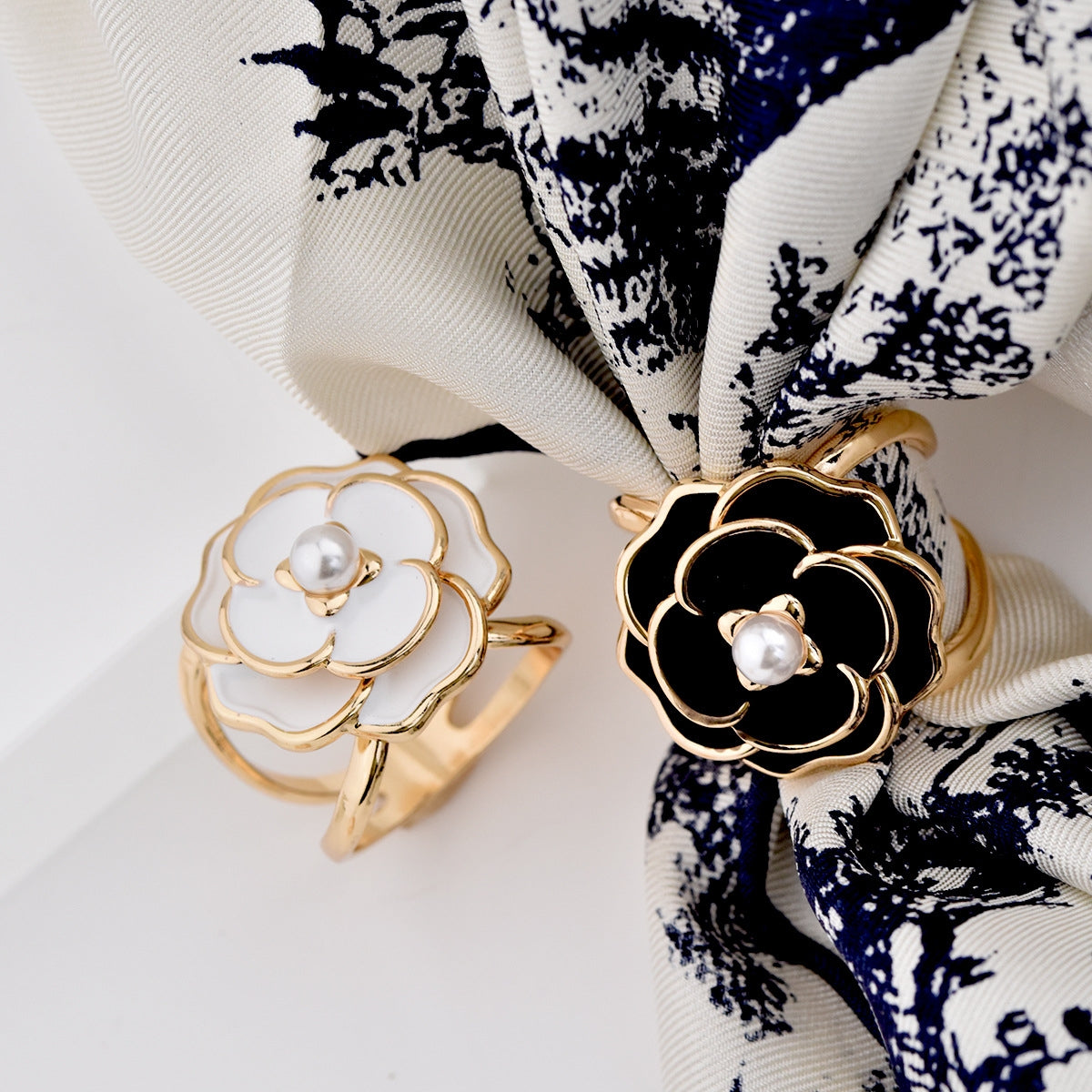 French Retro Camellia Pearl Silk Scarf Buckle and Brooch Accessory