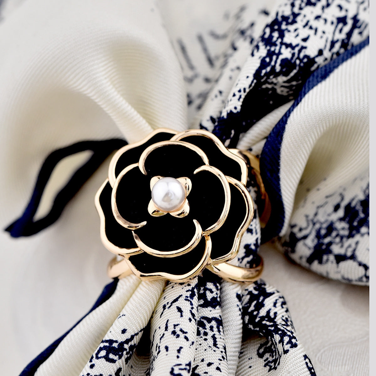 French Retro Camellia Pearl Silk Scarf Buckle and Brooch Accessory