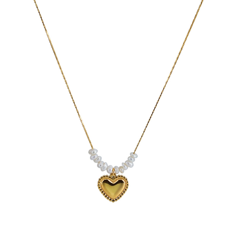 French Style Heart Shape Freshwater Pearl 18K Gold Plated Stainless Steel Women's Pendant Necklace