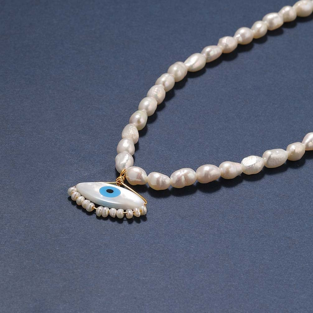 Freshwater Pearl Evil Eye Baroque Pendant Necklace