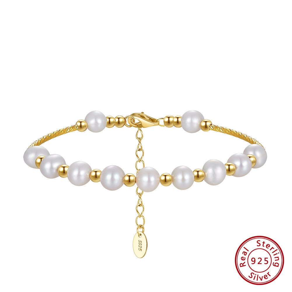 14K Gold Plated Freshwater Pearl Geometric Beaded Adjustable Sterling Silver Bracelet