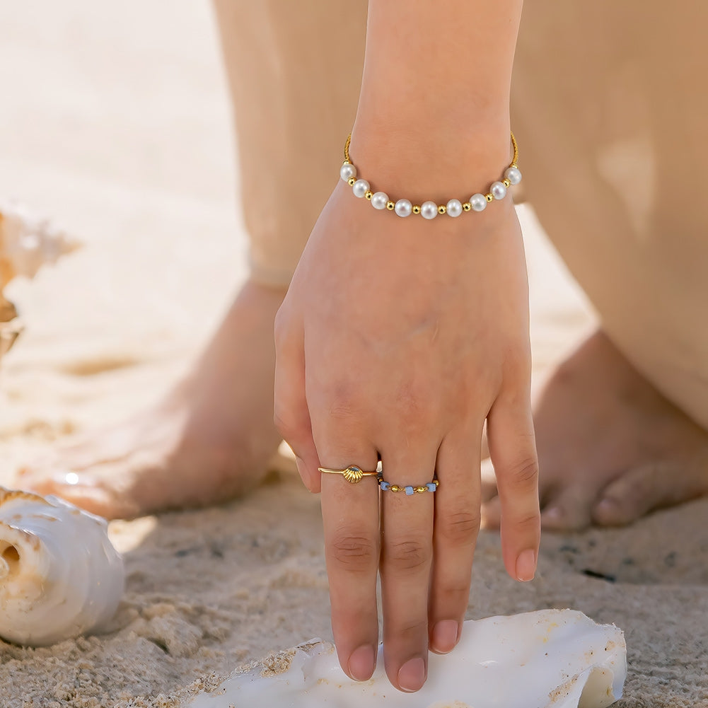 14K Gold Plated Freshwater Pearl Geometric Beaded Adjustable Sterling Silver Bracelet