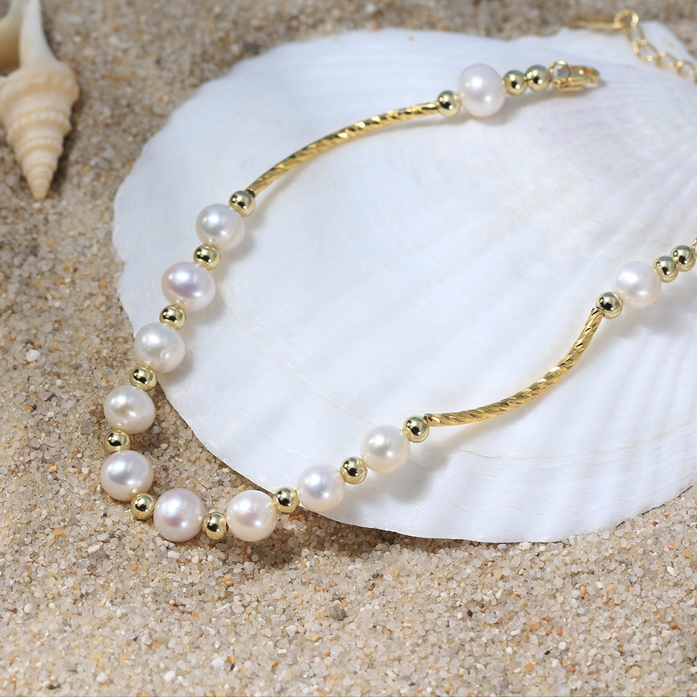 14K Gold Plated Freshwater Pearl Geometric Beaded Adjustable Sterling Silver Bracelet