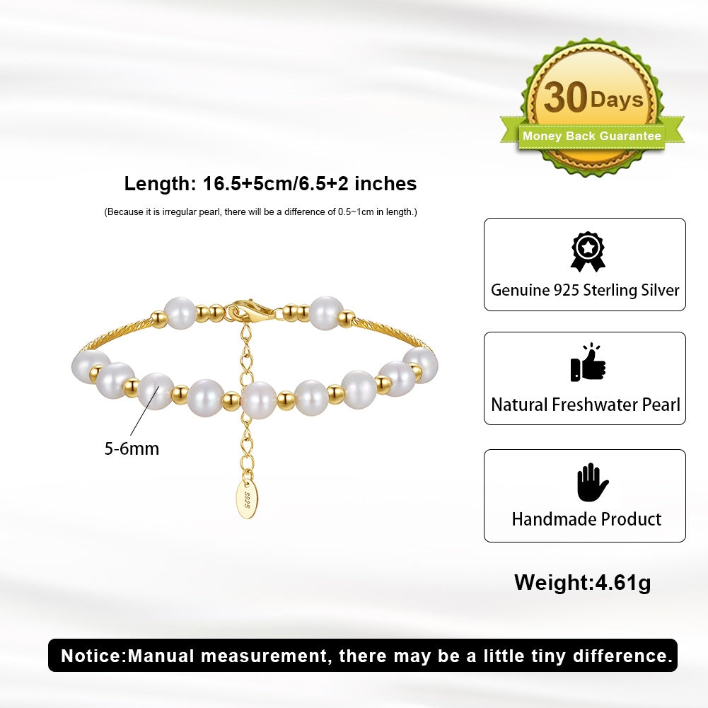 14K Gold Plated Freshwater Pearl Geometric Beaded Adjustable Sterling Silver Bracelet