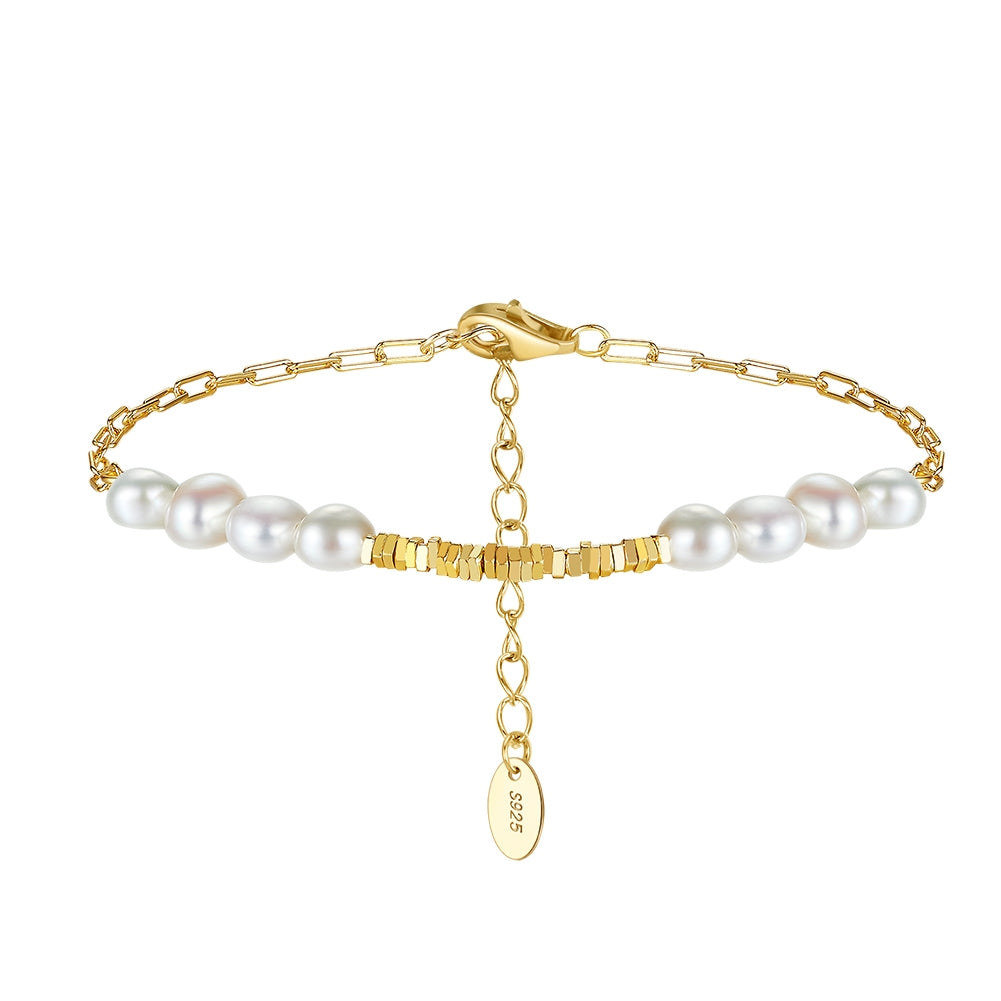 14K Gold Plated Sterling Silver Freshwater Pearl Adjustable Geometric Bracelet