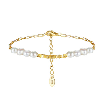 14K Gold Plated Sterling Silver Freshwater Pearl Adjustable Geometric Bracelet