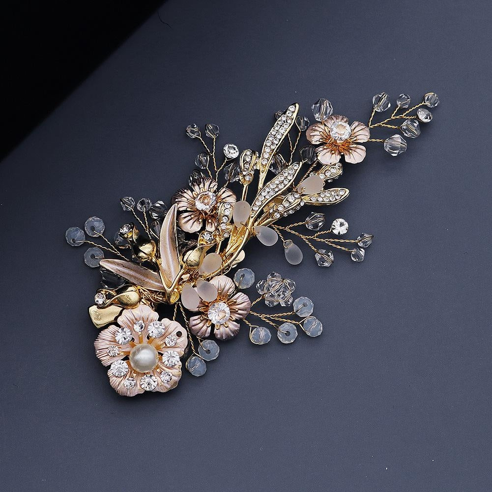 Frosted Crystal Pearl Edge Vintage Golden Flower Hair Clip for Brides