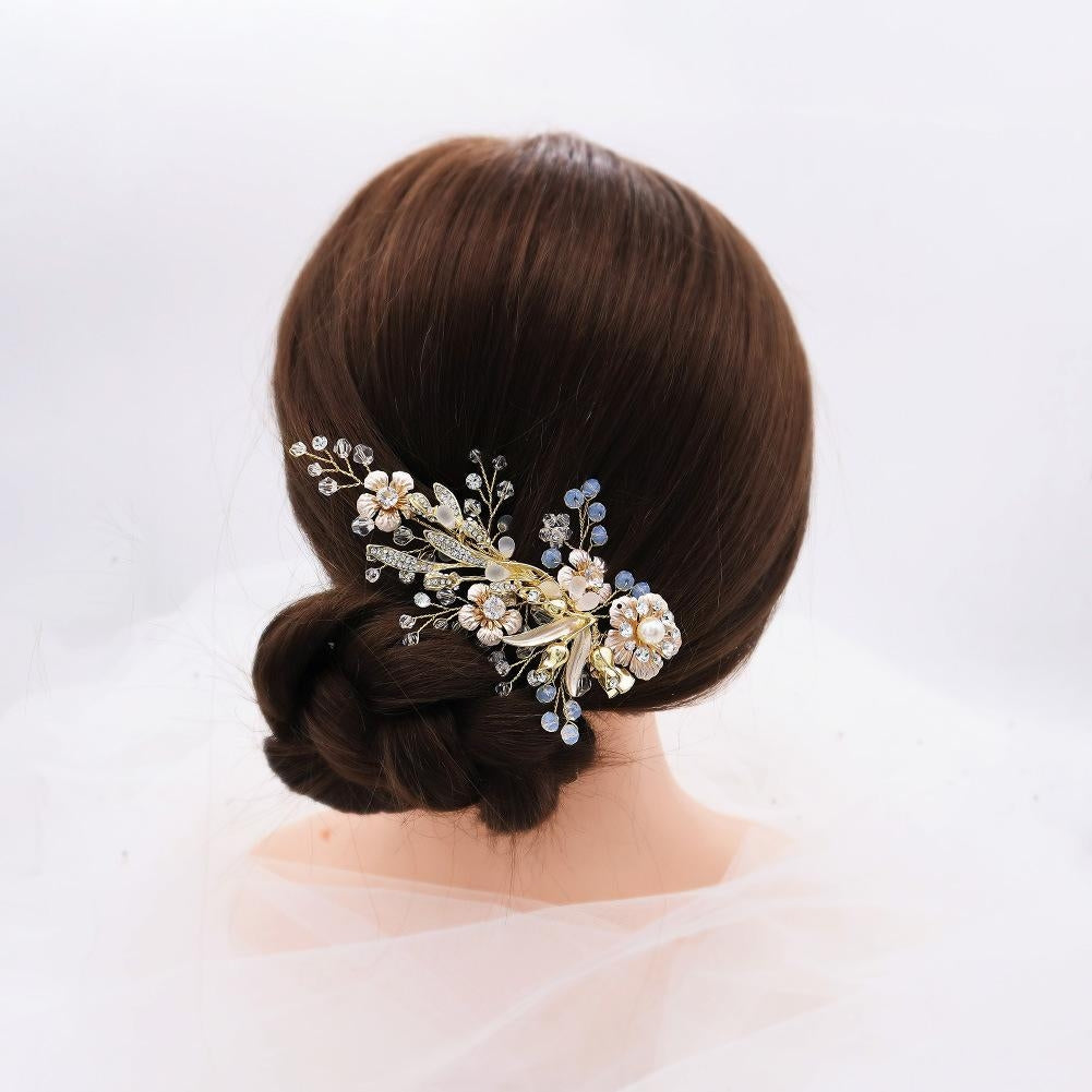 Frosted Crystal Pearl Edge Vintage Golden Flower Hair Clip for Brides