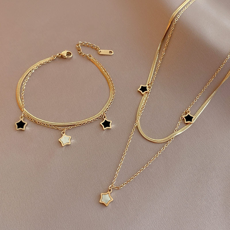 Geometric 18K Gold Plated Stainless Steel Bracelet & 14K Gold Star Shell Necklace Set