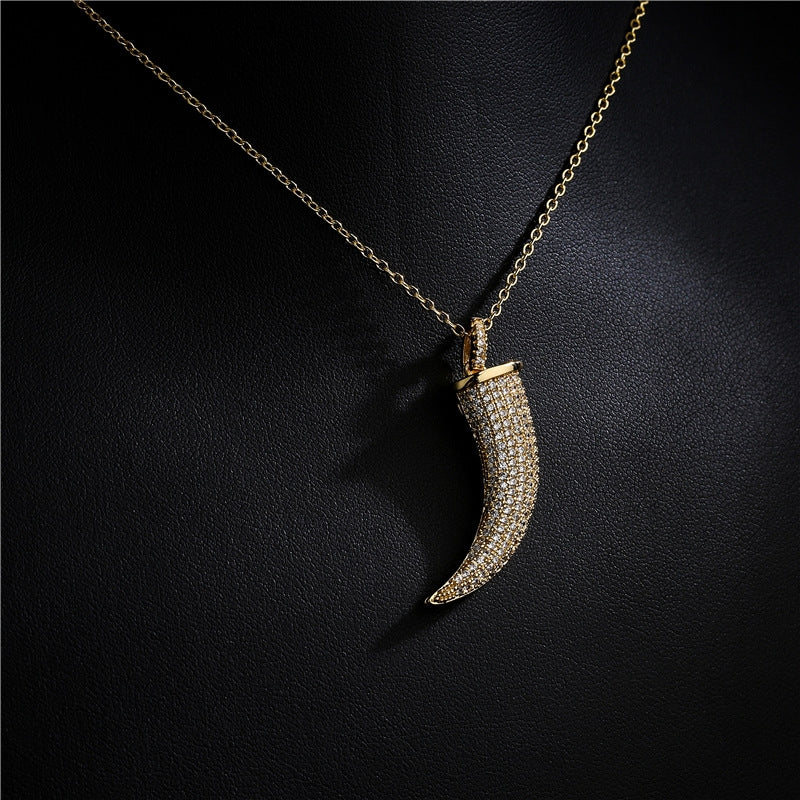 Geometric Copper Horn Pendant Necklace with White Enamel and Zircon Detailing