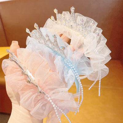 Girls' Classic Crown Cloth Hair Band with Rhinestone Mesh Headband for Princess Birthday Photos