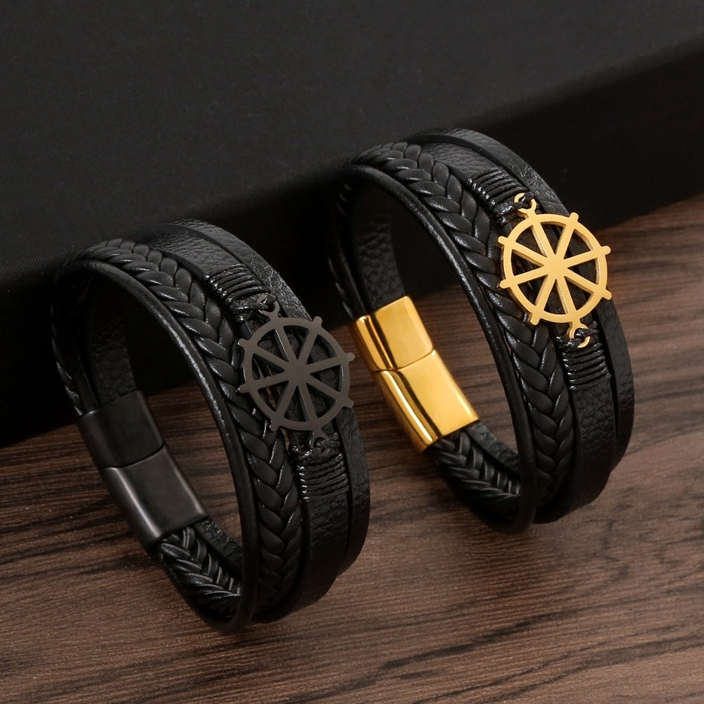 Glam Luxurious Rudder Stainless Steel Leather Handmade Men's Bracelet