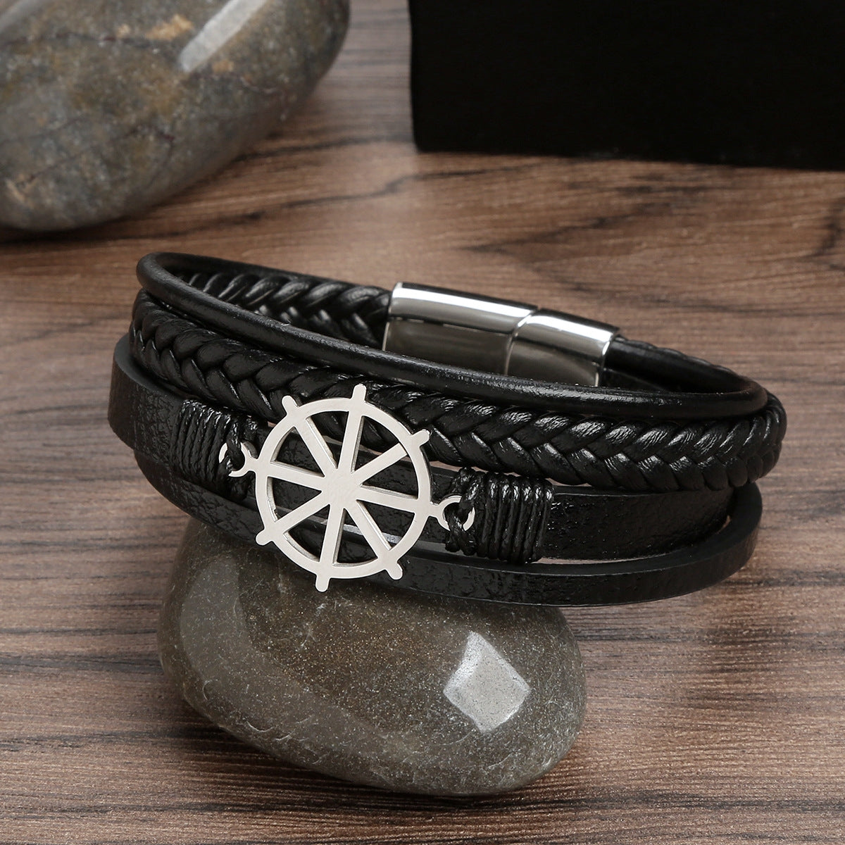 Glam Luxurious Rudder Stainless Steel Leather Handmade Men's Bracelet