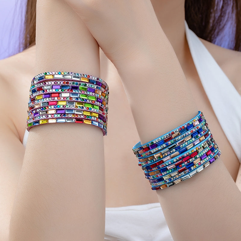 Glam Ethnic Geometric Acrylic Layered Bangle with Rhinestone Clasp