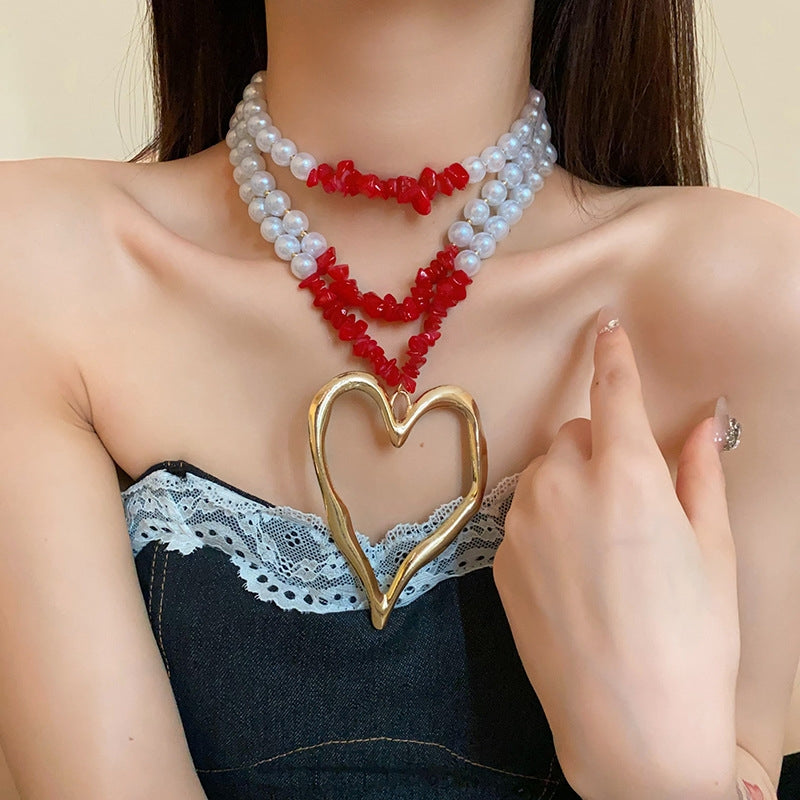 Glam Heart Shape Imitation Pearl Beaded Pendant Necklace