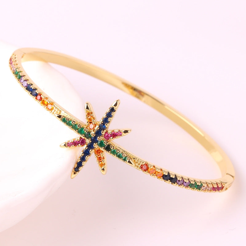 18k Gold Plated Multicolor Star Zircon Bangle and Rainbow Oval Buckle Bracelet for Women