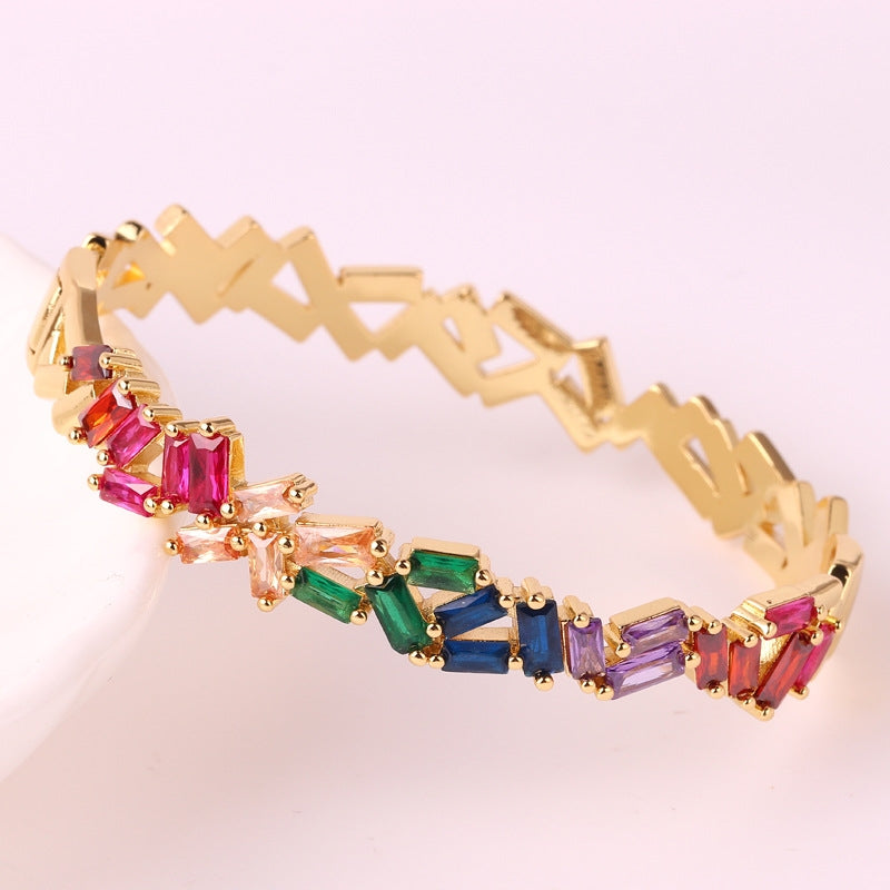 18k Gold Plated Multicolor Star Zircon Bangle and Rainbow Oval Buckle Bracelet for Women