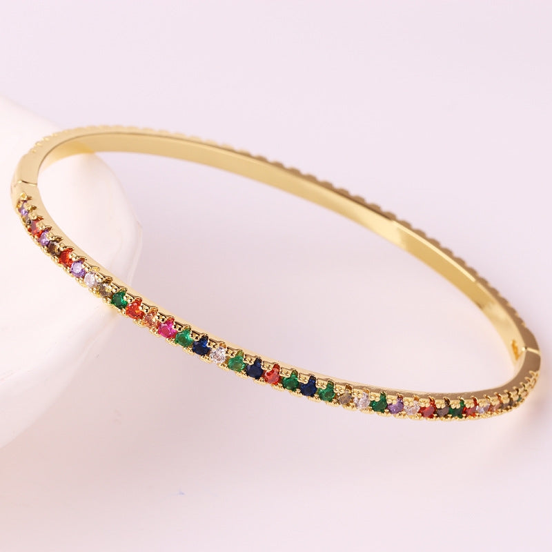 18k Gold Plated Multicolor Star Zircon Bangle and Rainbow Oval Buckle Bracelet for Women