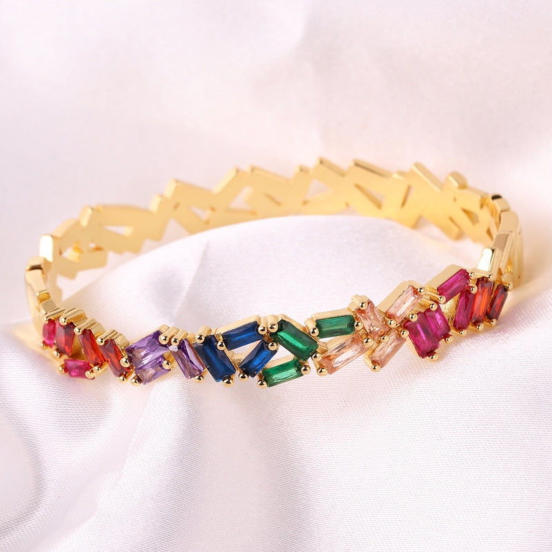 18k Gold Plated Multicolor Star Zircon Bangle and Rainbow Oval Buckle Bracelet for Women