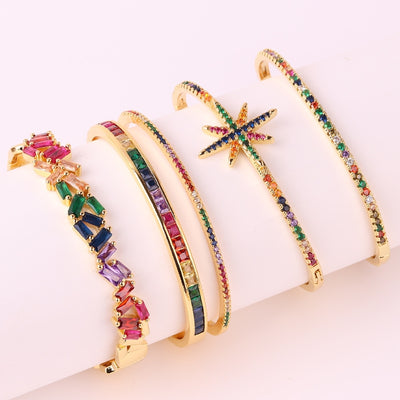 18k Gold Plated Multicolor Star Zircon Bangle and Rainbow Oval Buckle Bracelet for Women