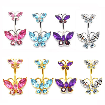 Glam Retro Butterfly Zircon Inlay Stainless Steel Belly Ring