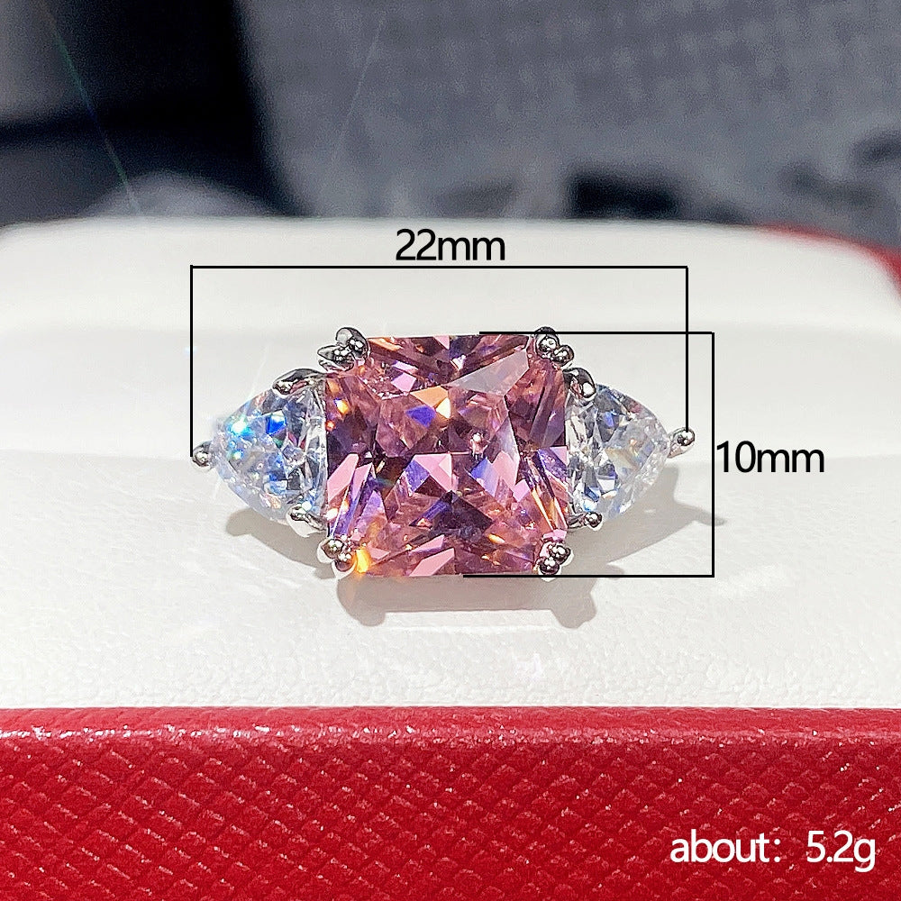 Glam Retro Geometric Pink Zircon Princess Square Copper Rings